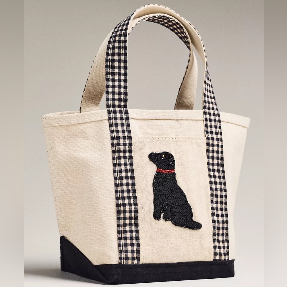 Anthropologie Cream Canvas Tote with Black Trim and Dog Appliqué